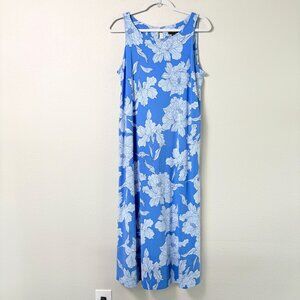 J Jill Wearever Maxi A Line Tank Dress Petite S SP Blue Peonies Pockets Slits